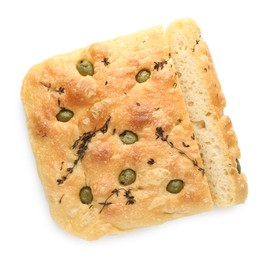 Photo of Pieces of delicious focaccia bread with olives and thyme isolated on white, top view