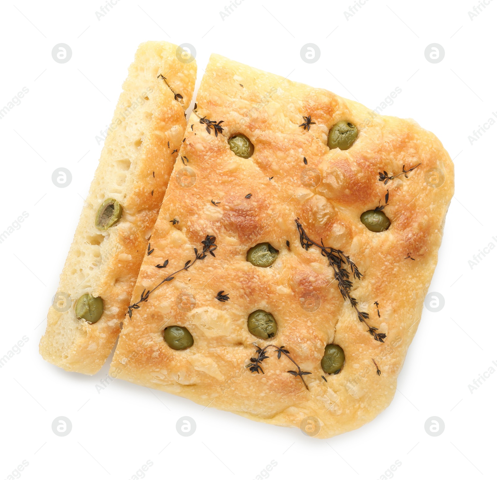 Photo of Pieces of delicious focaccia bread with olives and thyme isolated on white, top view