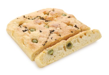 Photo of Pieces of delicious focaccia bread with olives and thyme isolated on white