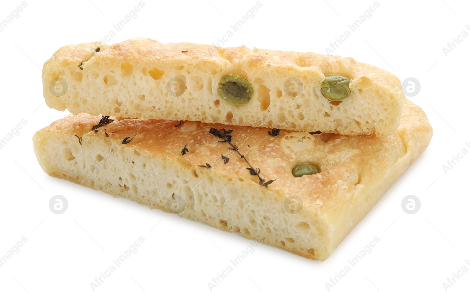 Photo of Pieces of delicious focaccia bread with olives and thyme isolated on white