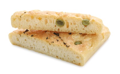 Photo of Pieces of delicious focaccia bread with olives and thyme isolated on white