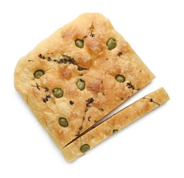 Photo of Pieces of delicious focaccia bread with olives and thyme isolated on white, top view