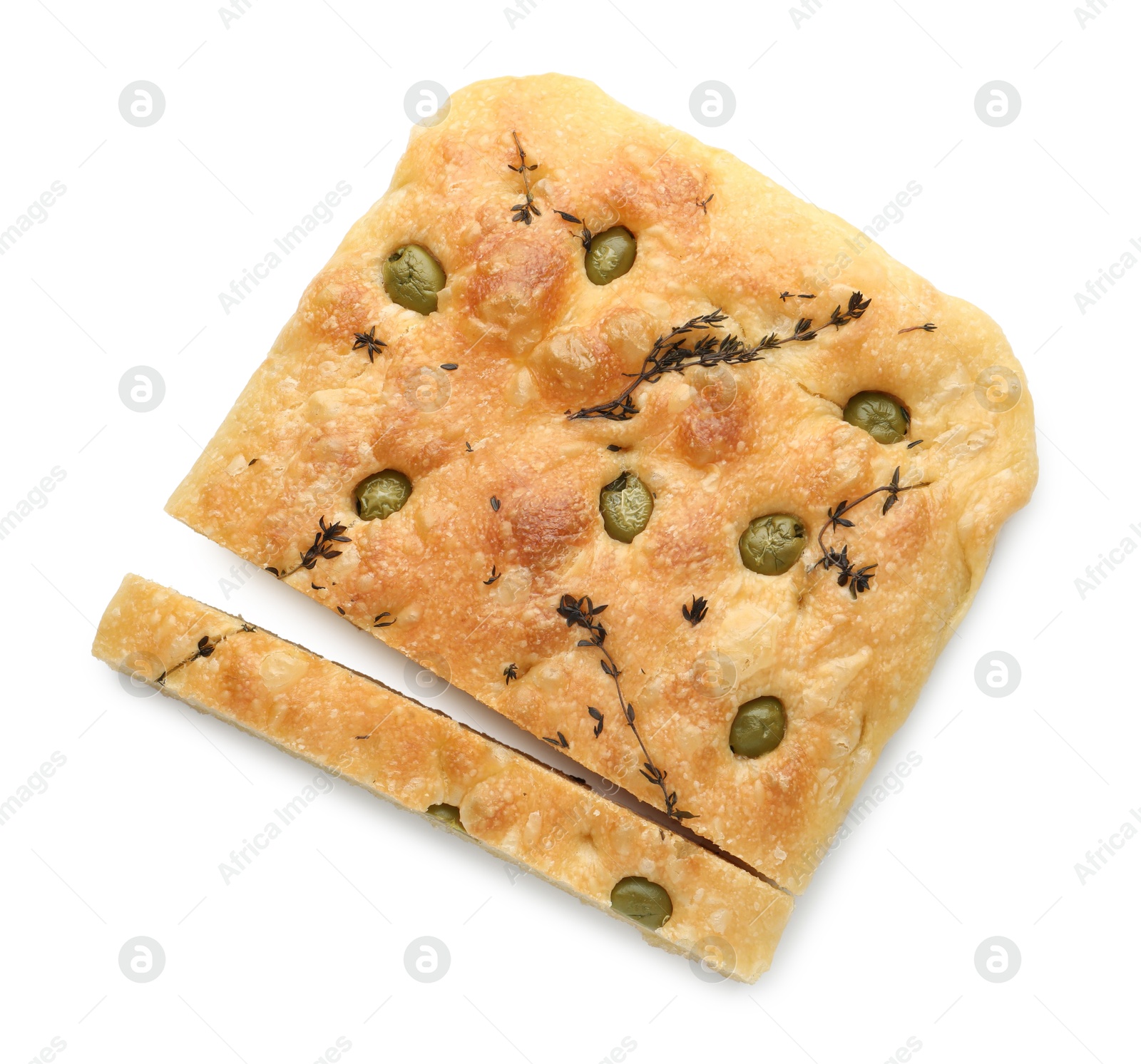 Photo of Pieces of delicious focaccia bread with olives and thyme isolated on white, top view