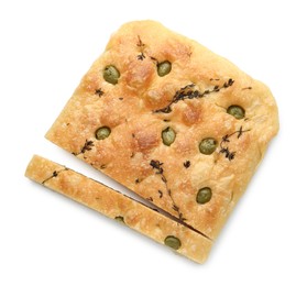 Photo of Pieces of delicious focaccia bread with olives and thyme isolated on white, top view