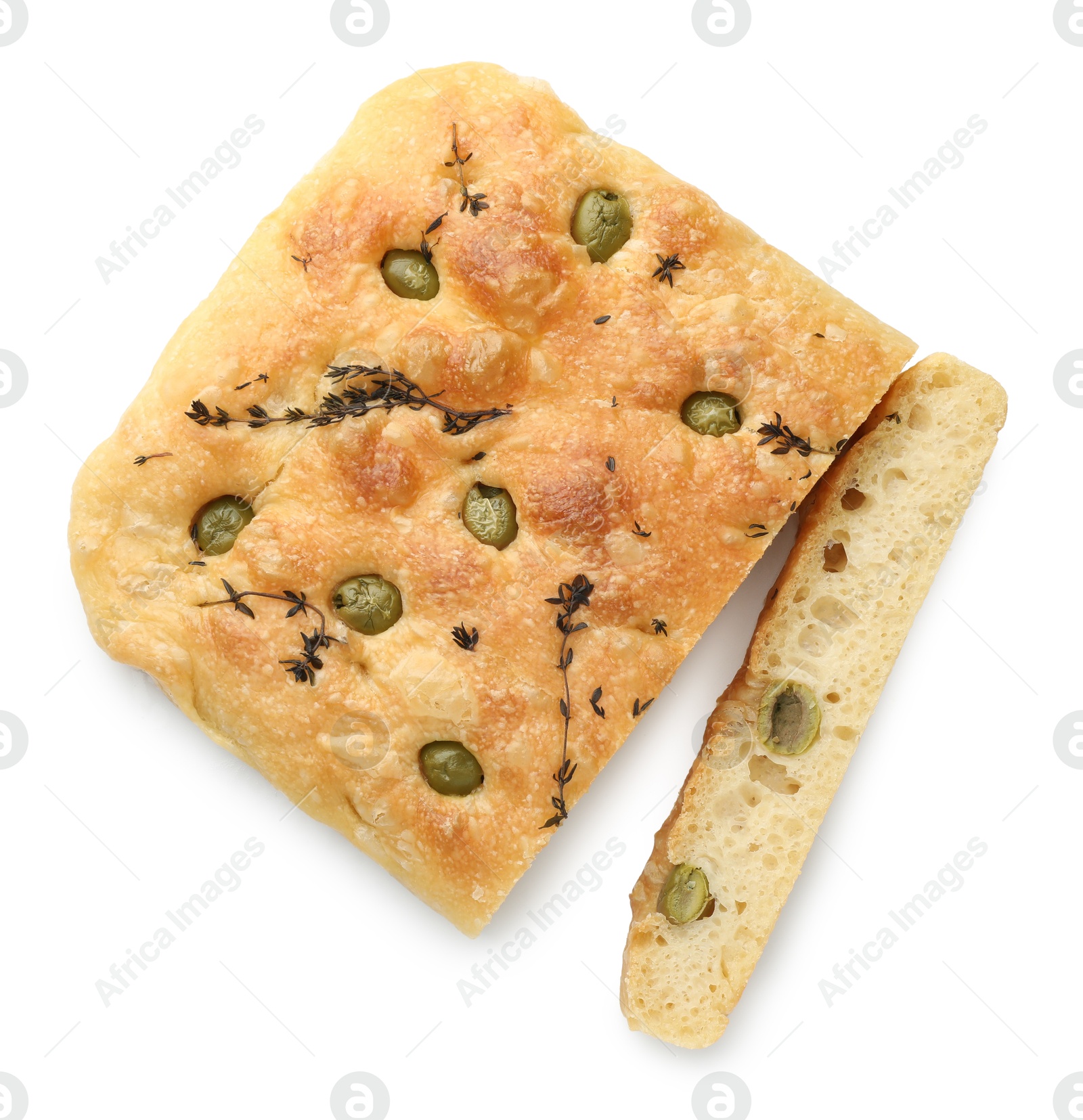 Photo of Pieces of delicious focaccia bread with olives and thyme isolated on white, top view