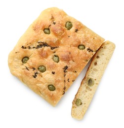 Photo of Pieces of delicious focaccia bread with olives and thyme isolated on white, top view