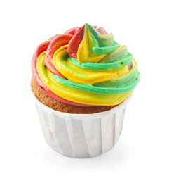 Photo of One delicious cupcake with colorful cream isolated on white