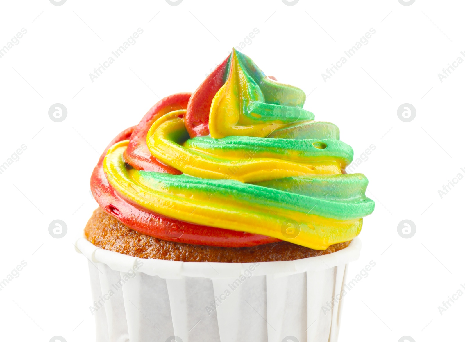 Photo of One delicious cupcake with colorful cream isolated on white