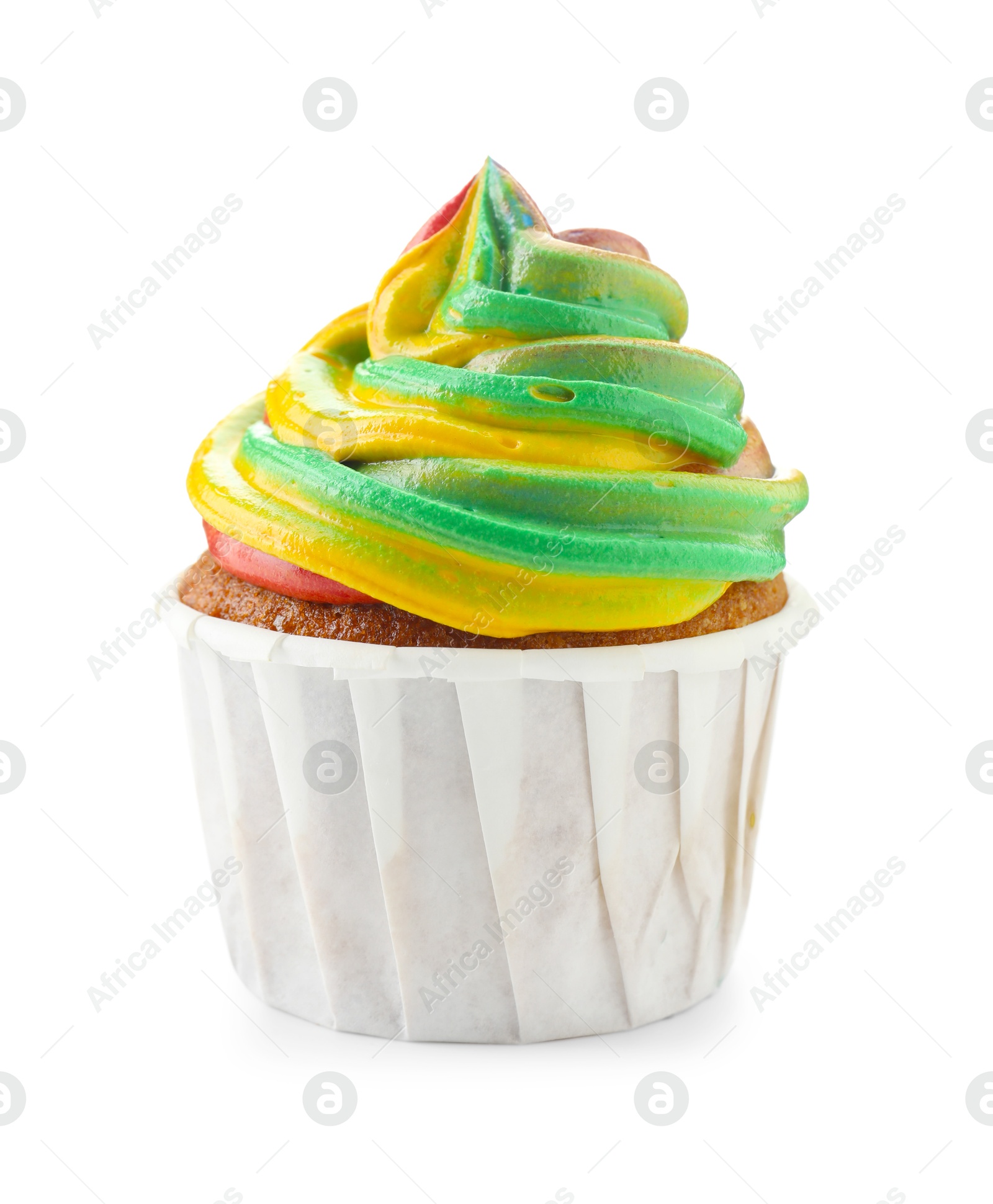 Photo of One delicious cupcake with colorful cream isolated on white