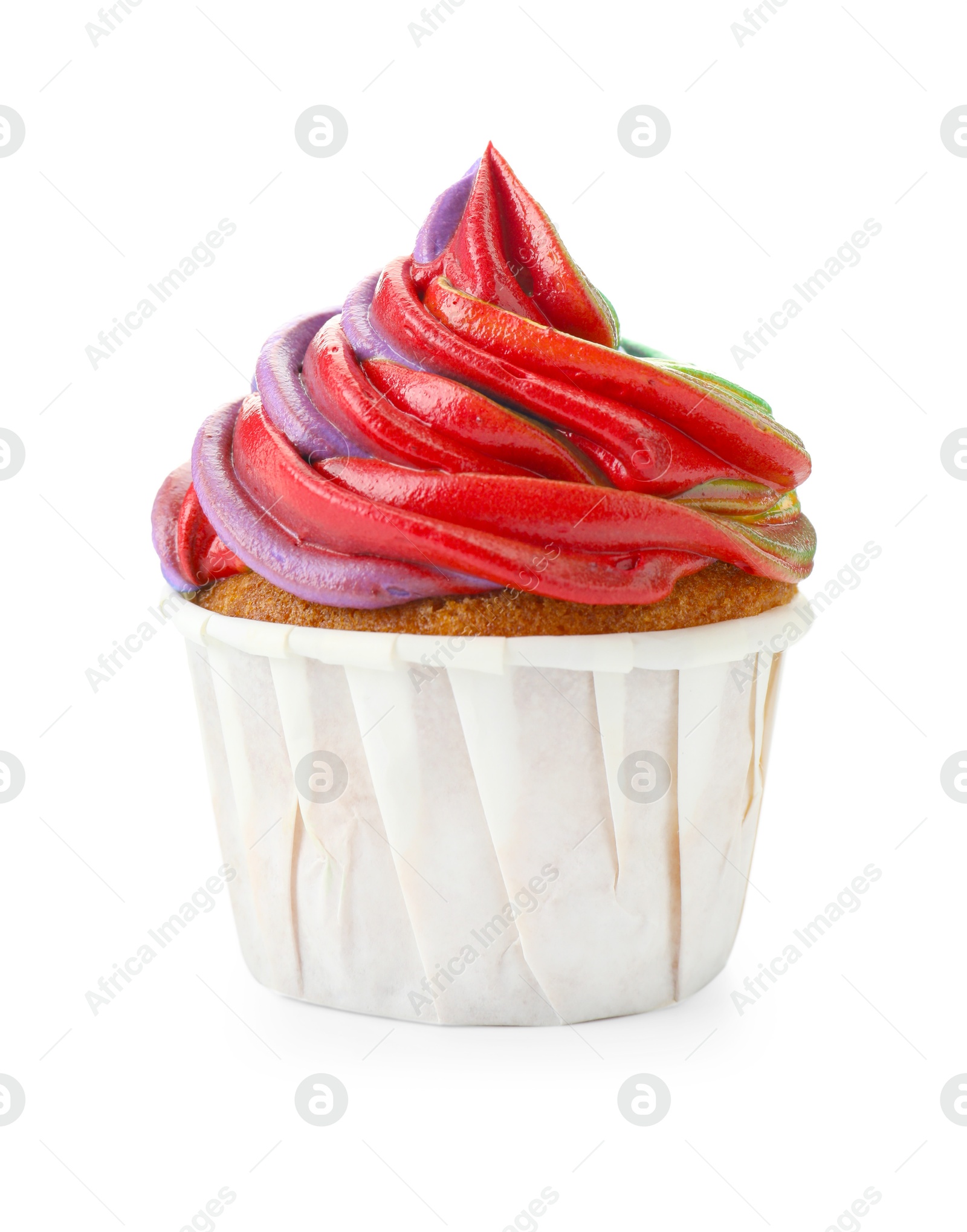 Photo of One delicious cupcake with colorful cream isolated on white