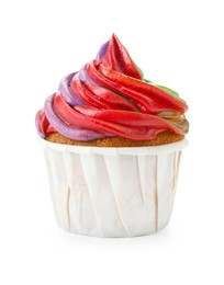 Photo of One delicious cupcake with colorful cream isolated on white