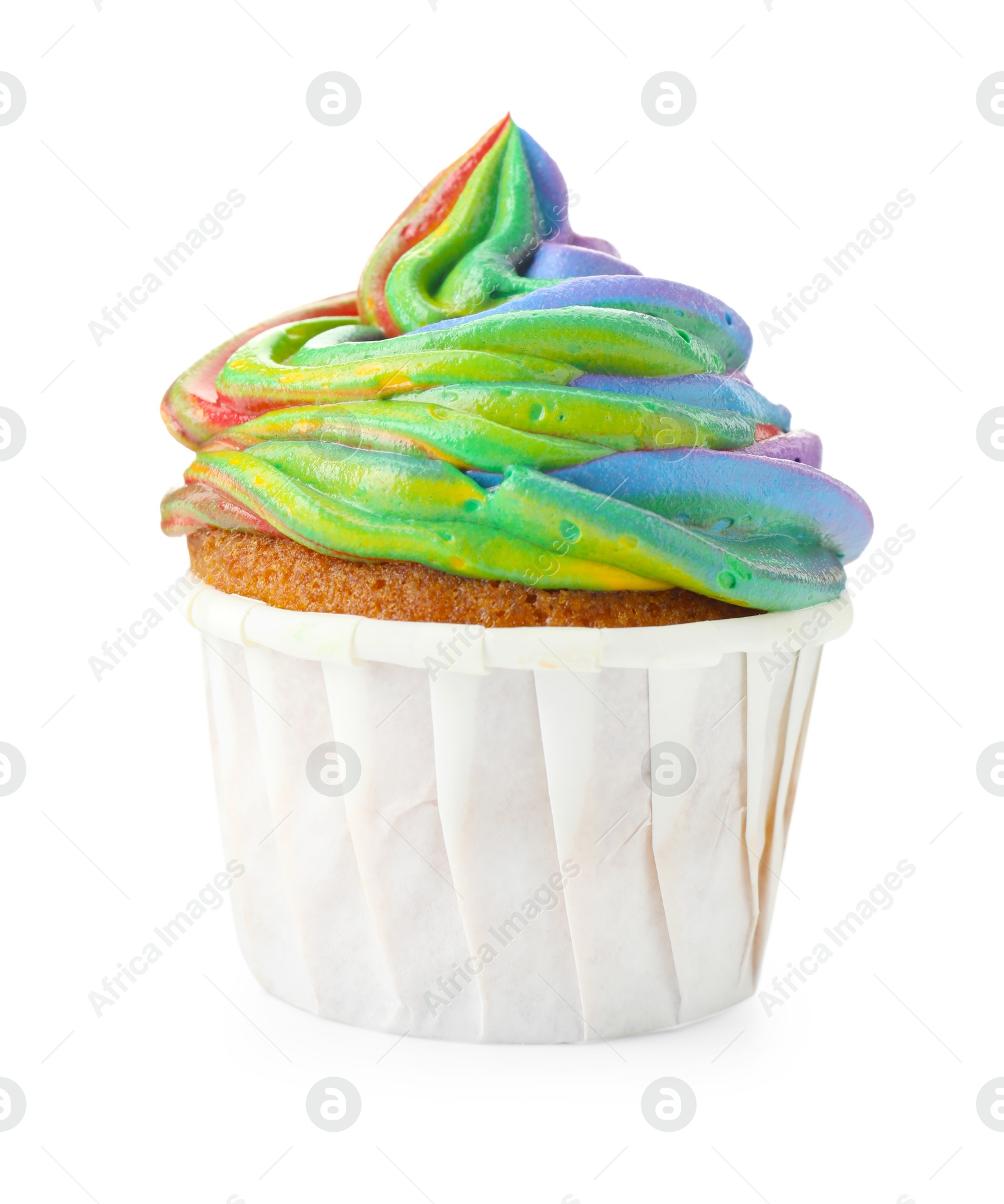 Photo of One delicious cupcake with colorful cream isolated on white