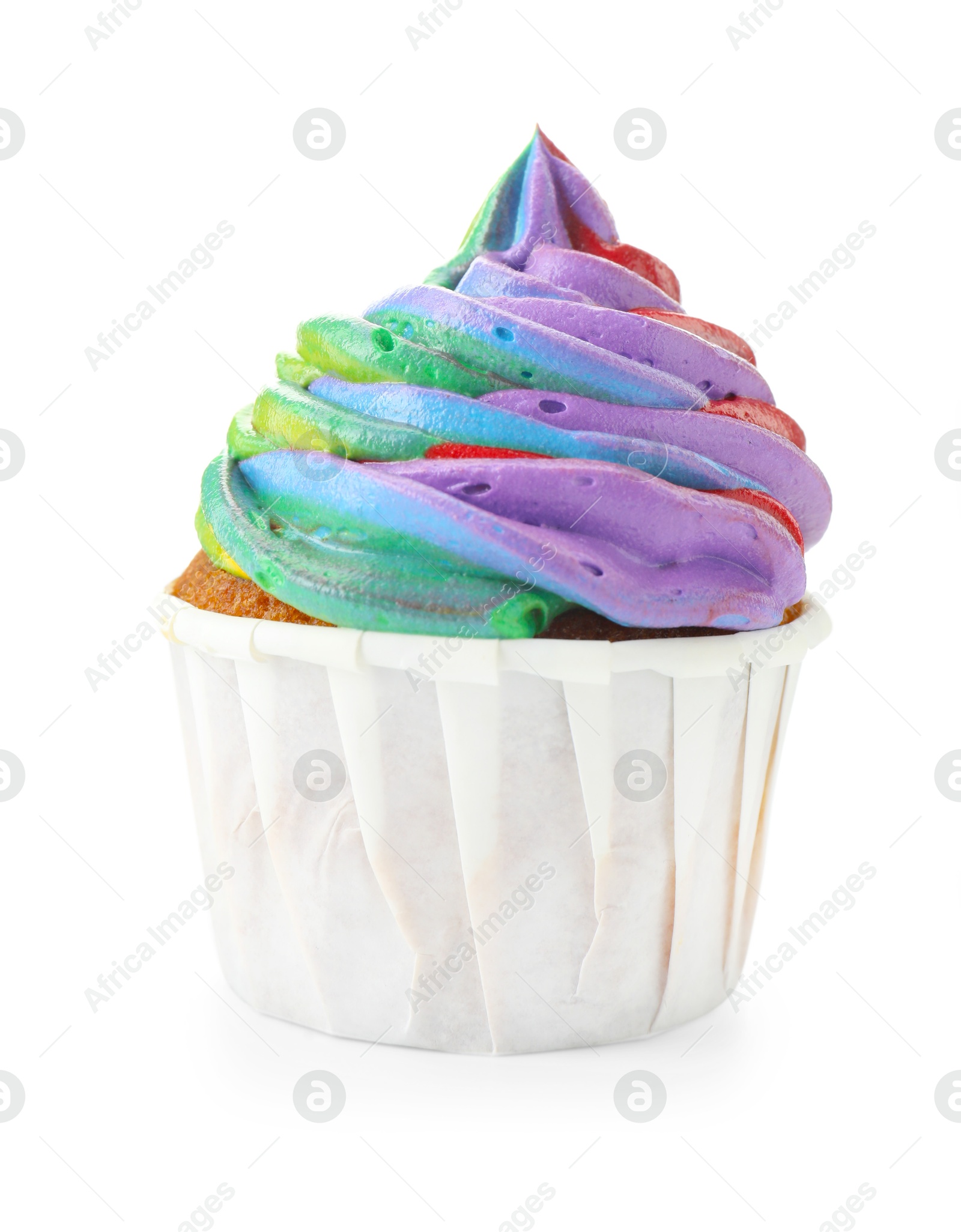 Photo of One delicious cupcake with colorful cream isolated on white