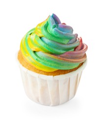 Photo of One delicious cupcake with colorful cream isolated on white