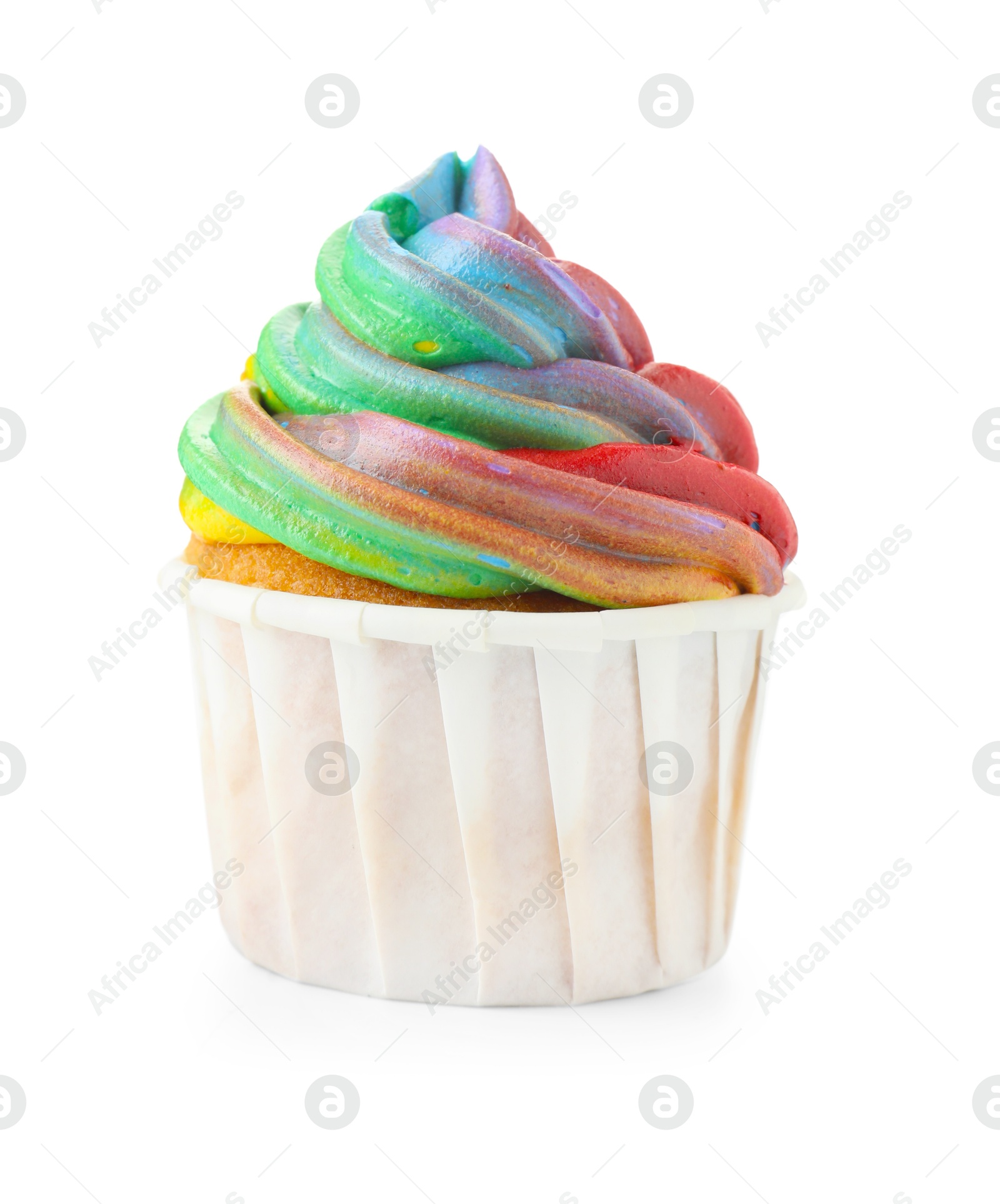 Photo of One delicious cupcake with colorful cream isolated on white