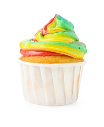 Photo of One delicious cupcake with colorful cream isolated on white