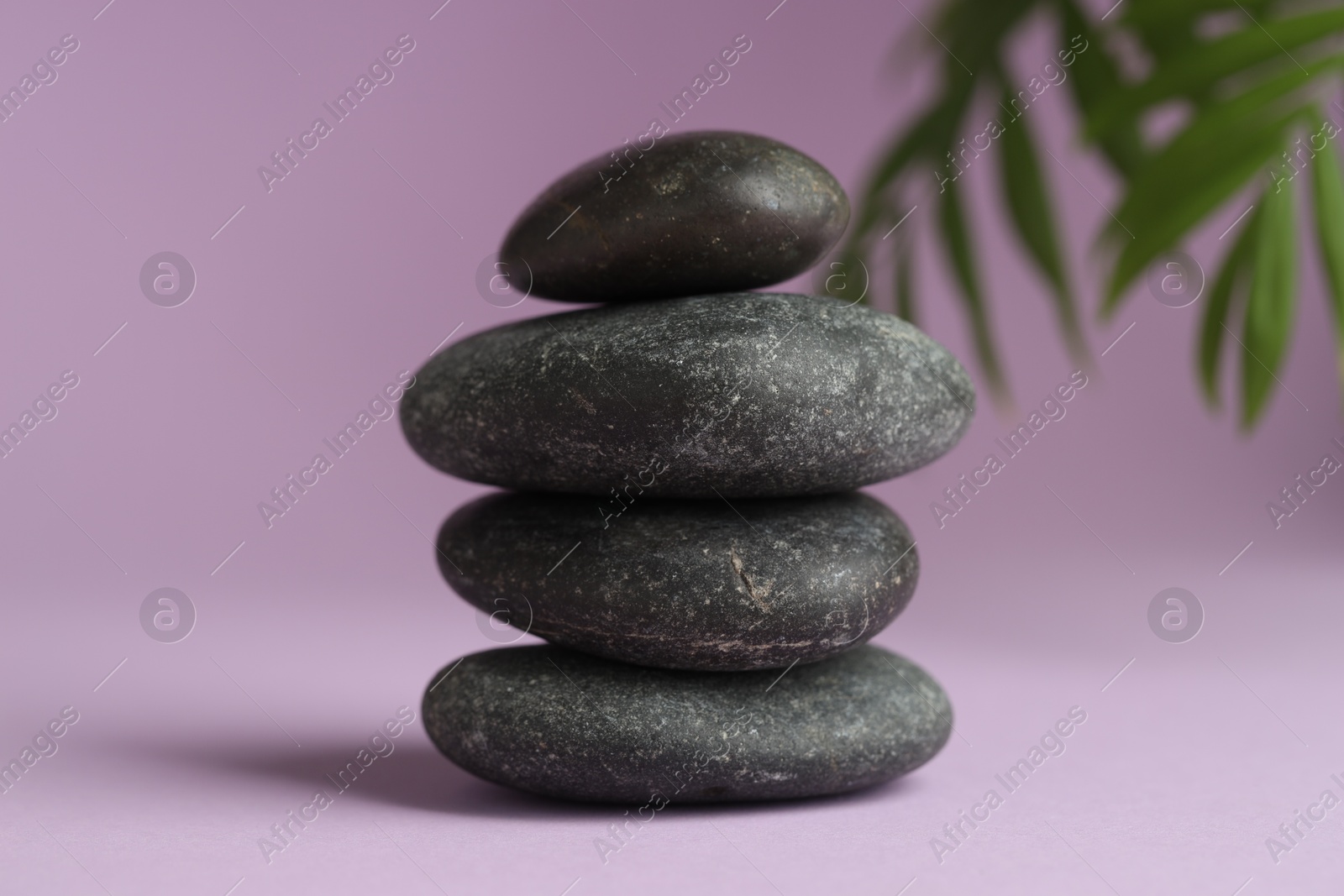 Photo of Stack of rocks on lilac background. Harmony and life balance