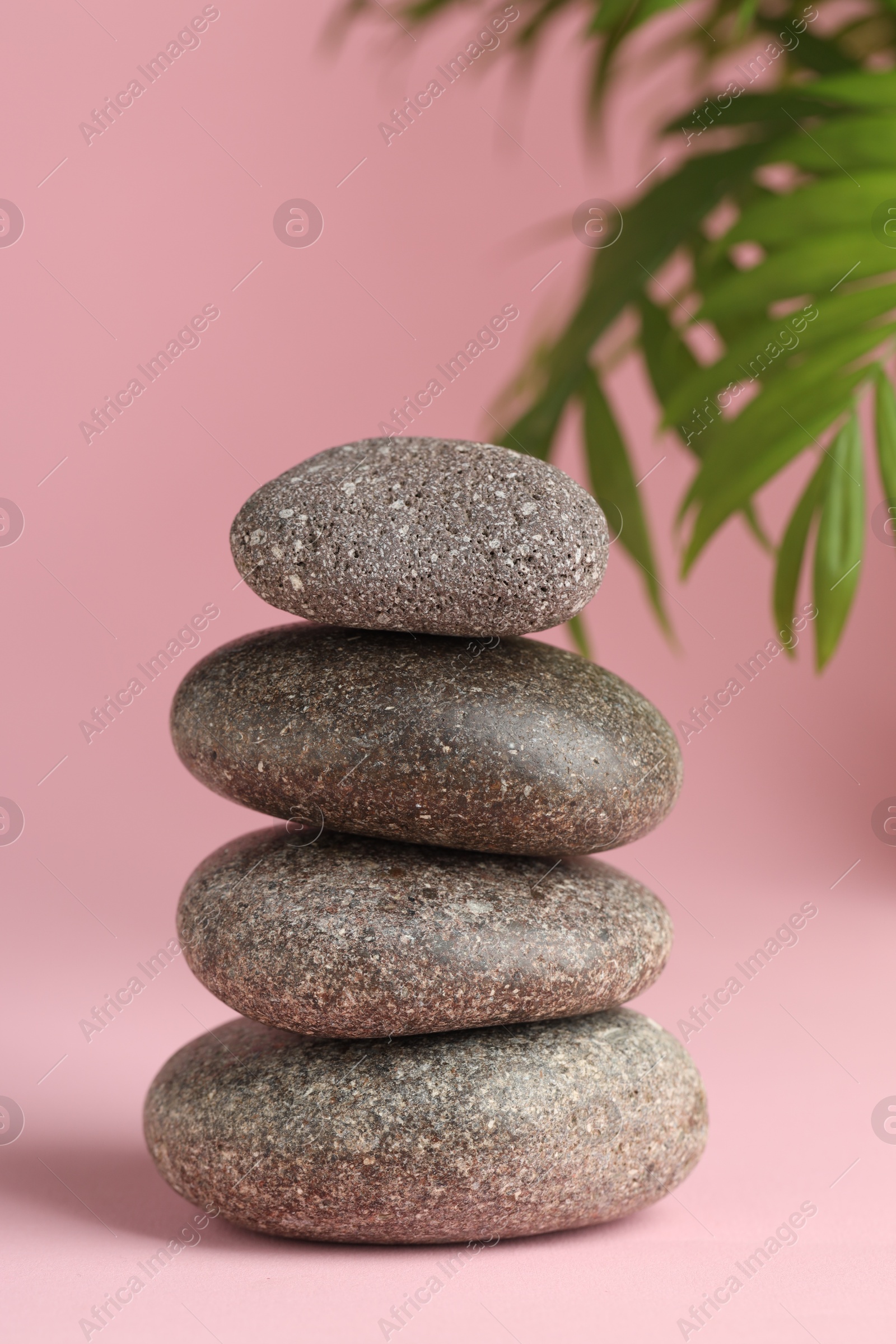 Photo of Stack of rocks on pink background. Harmony and life balance