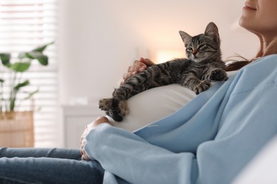 Photo of Pregnant woman with cute cat on her belly at home, closeup