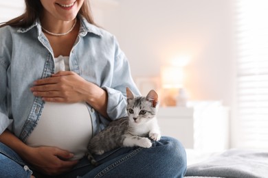 Photo of Pregnant woman with cute cat at home, closeup. Space for text