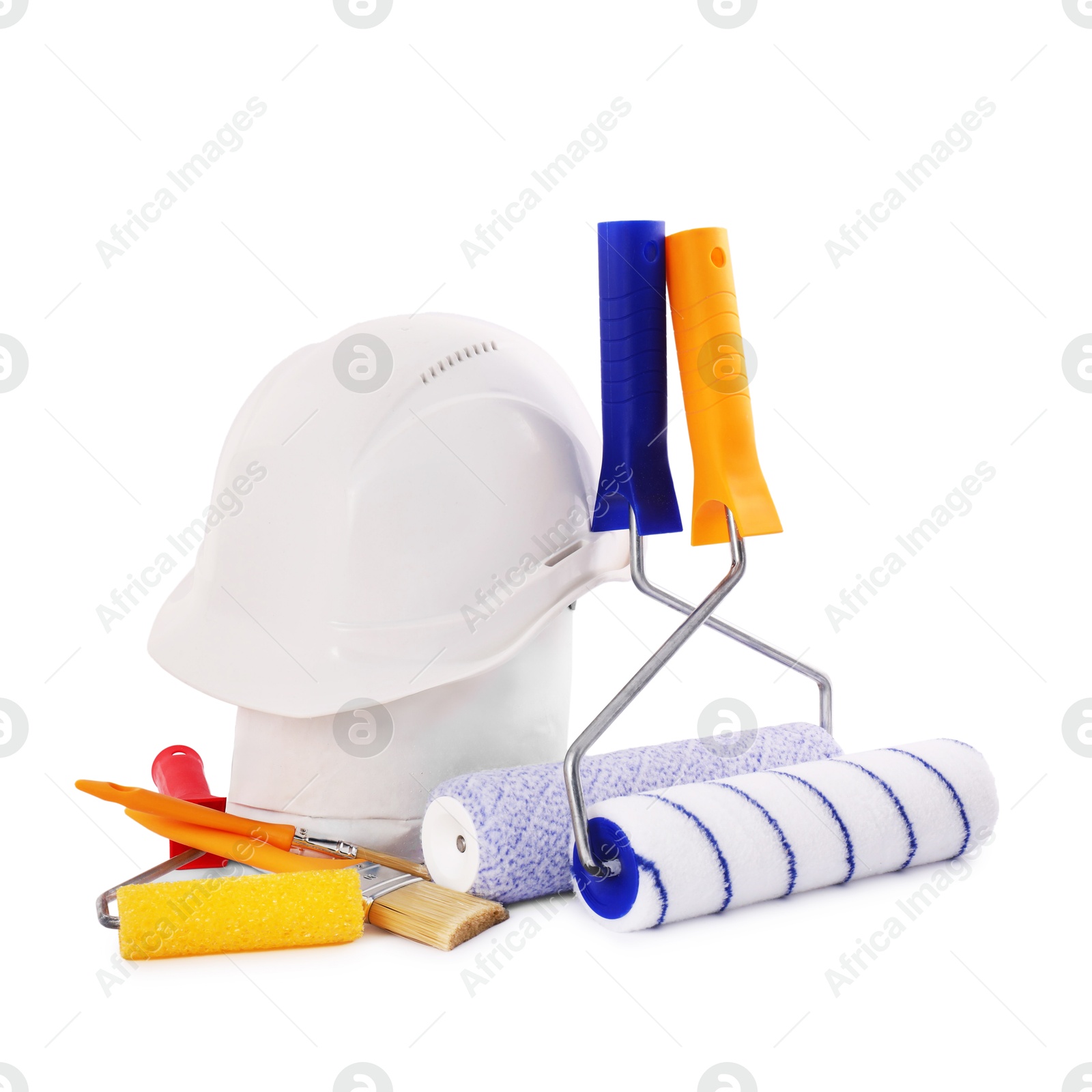 Photo of Building material, hardhat and different construction tools isolated on white