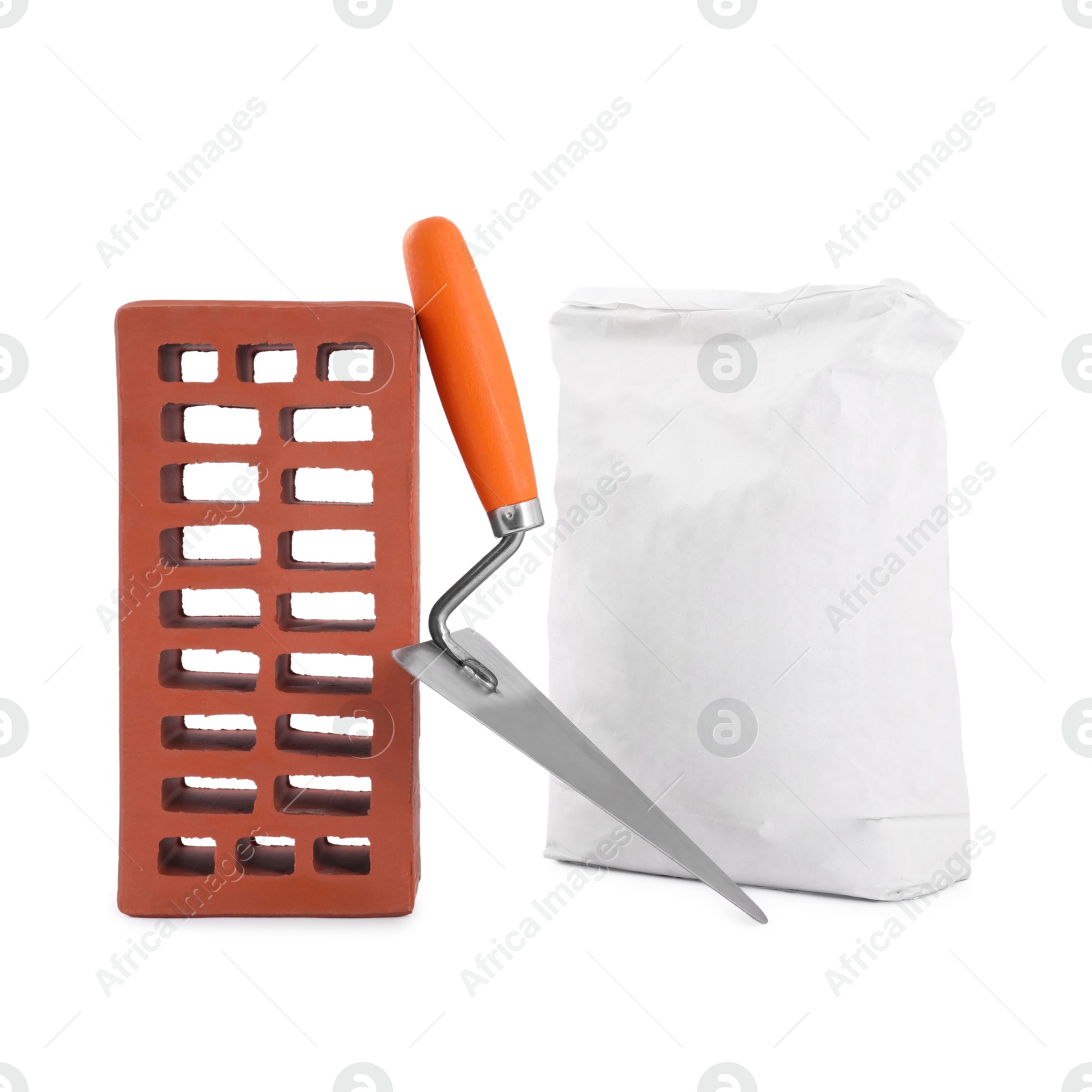 Photo of Construction materials and bucket trowel isolated on white