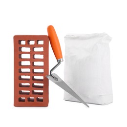 Photo of Construction materials and bucket trowel isolated on white