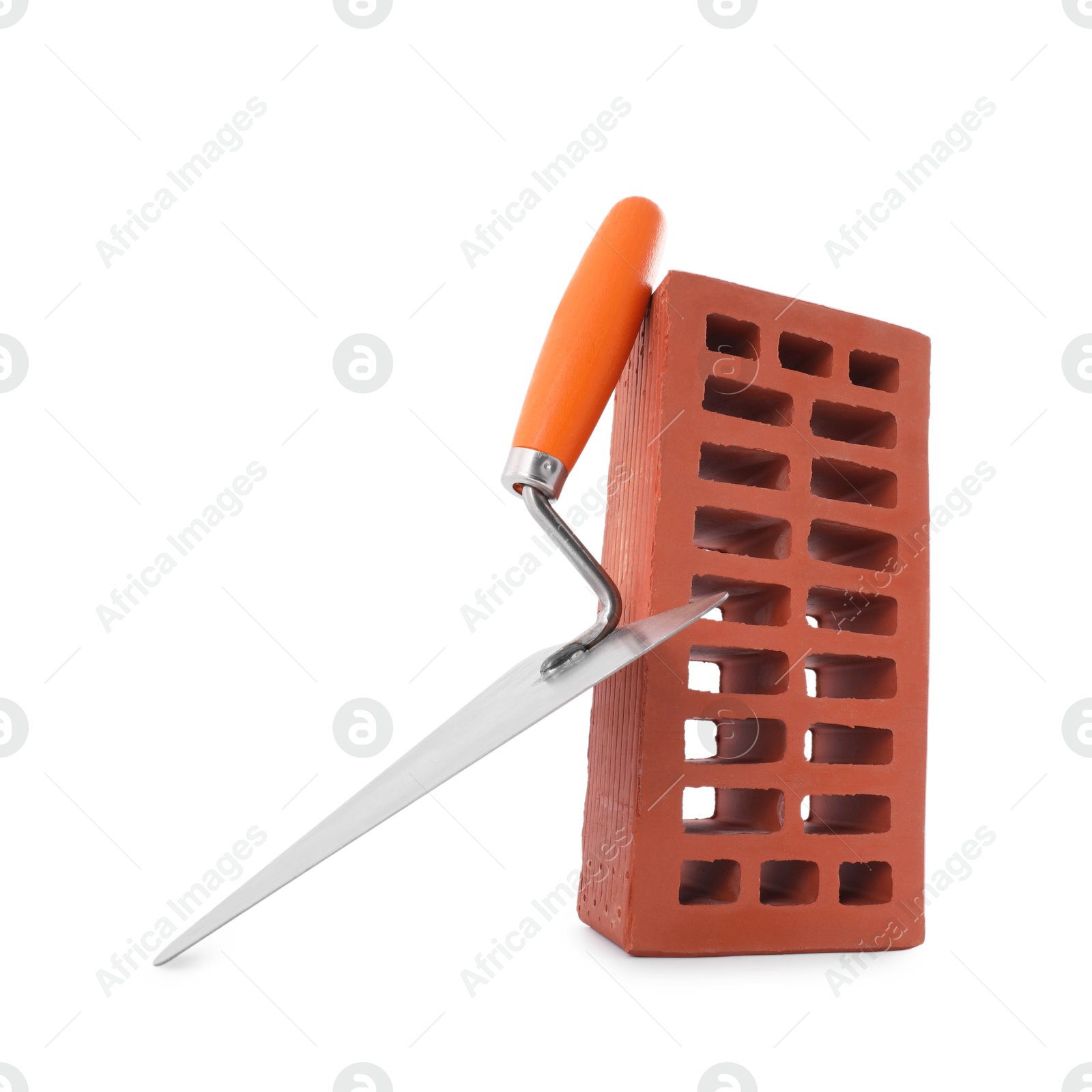 Photo of Bucket trowel and red brick isolated on white. Building material and construction tool