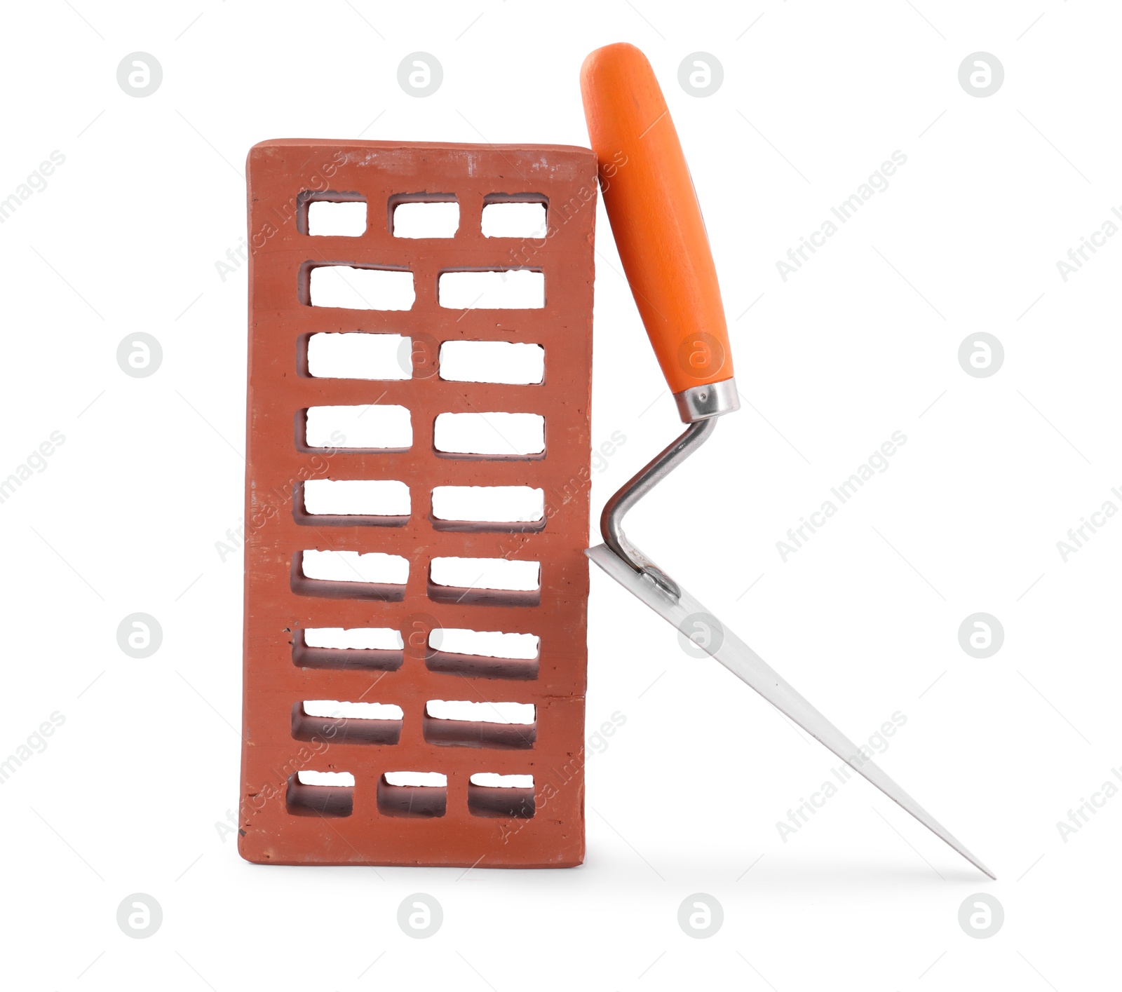 Photo of Bucket trowel and red brick isolated on white. Building material and construction tool