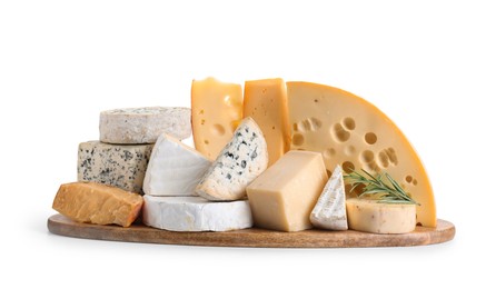 Photo of Different types of cheese and rosemary isolated on white