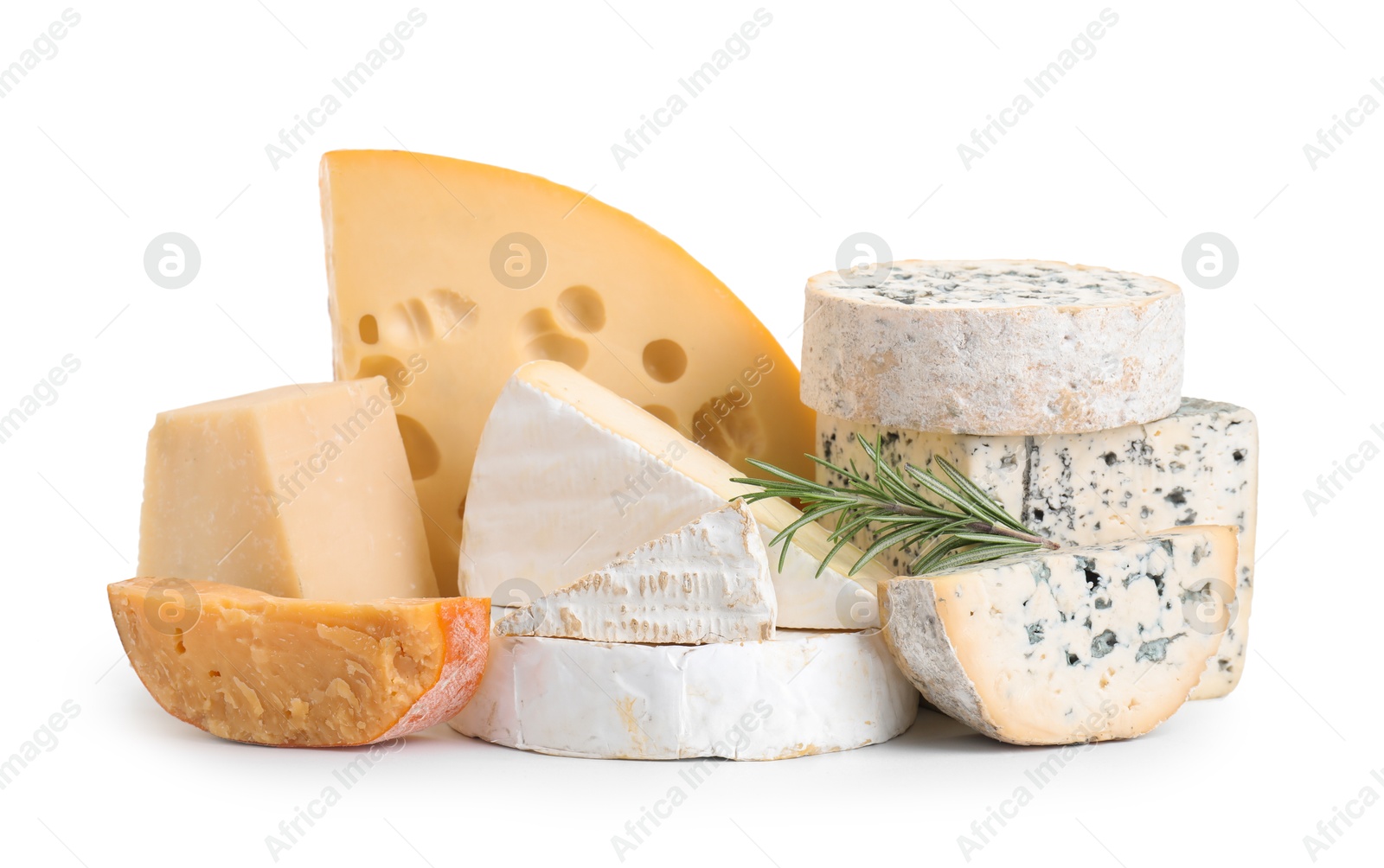 Photo of Different types of cheese and rosemary isolated on white