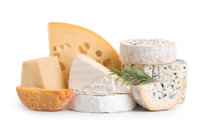 Photo of Different types of cheese and rosemary isolated on white