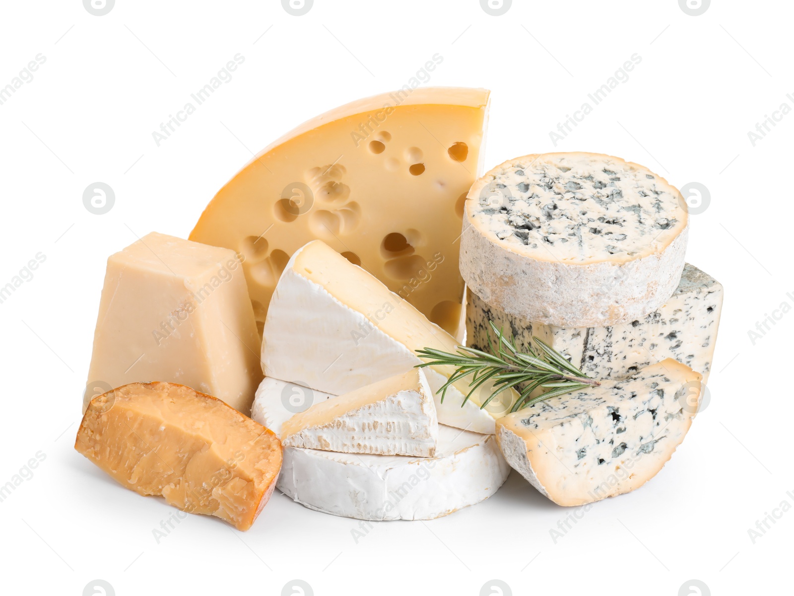 Photo of Different types of cheese and rosemary isolated on white