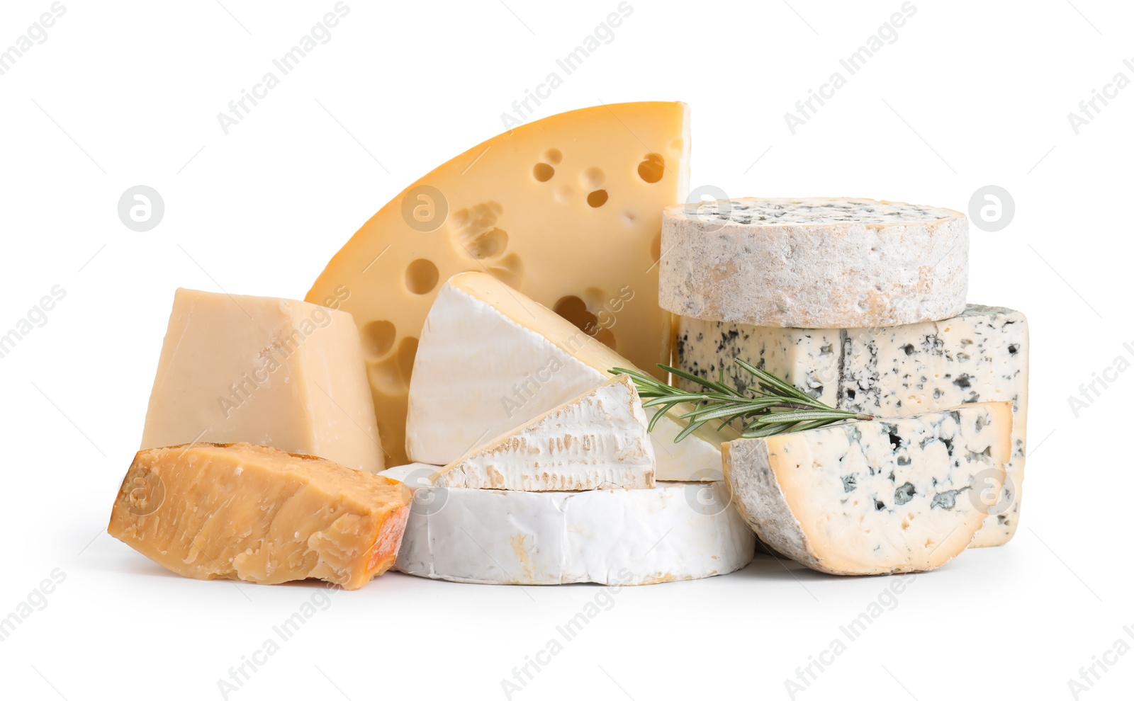 Photo of Different types of cheese and rosemary isolated on white