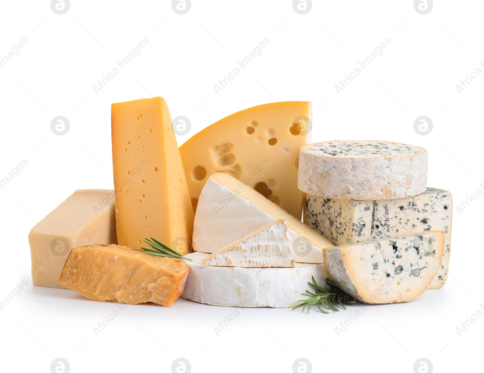 Photo of Different types of cheese and rosemary isolated on white