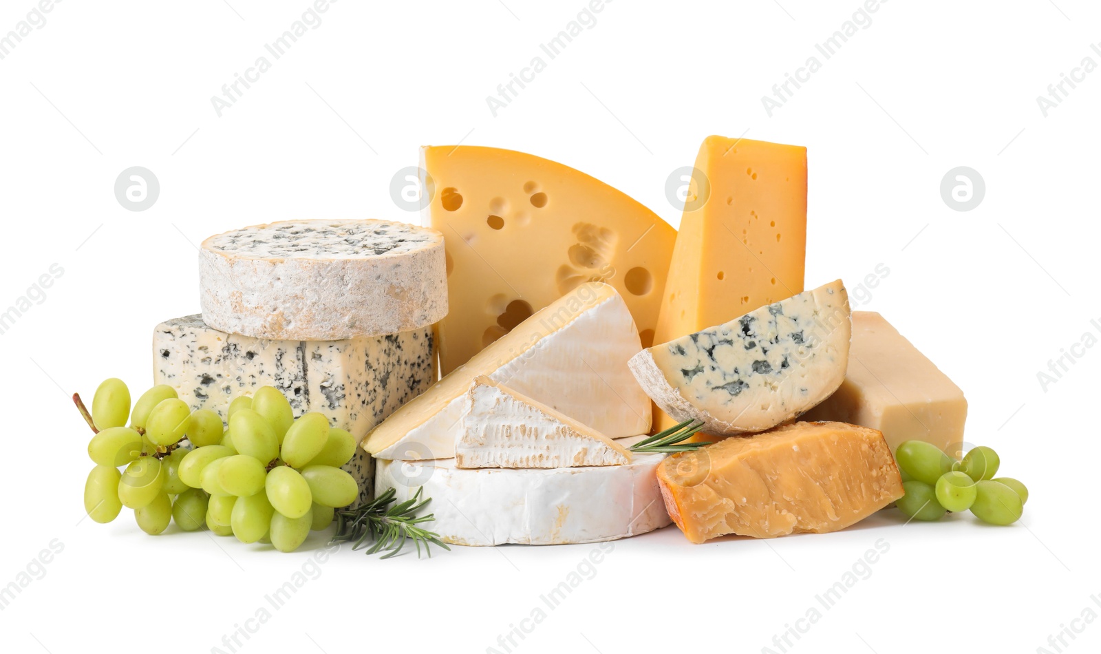 Photo of Different types of cheese, grapes and rosemary isolated on white