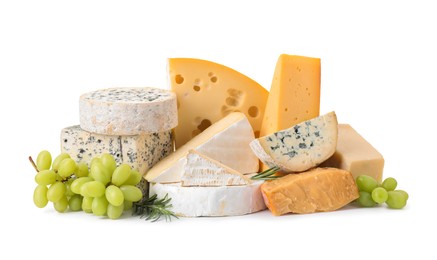 Photo of Different types of cheese, grapes and rosemary isolated on white