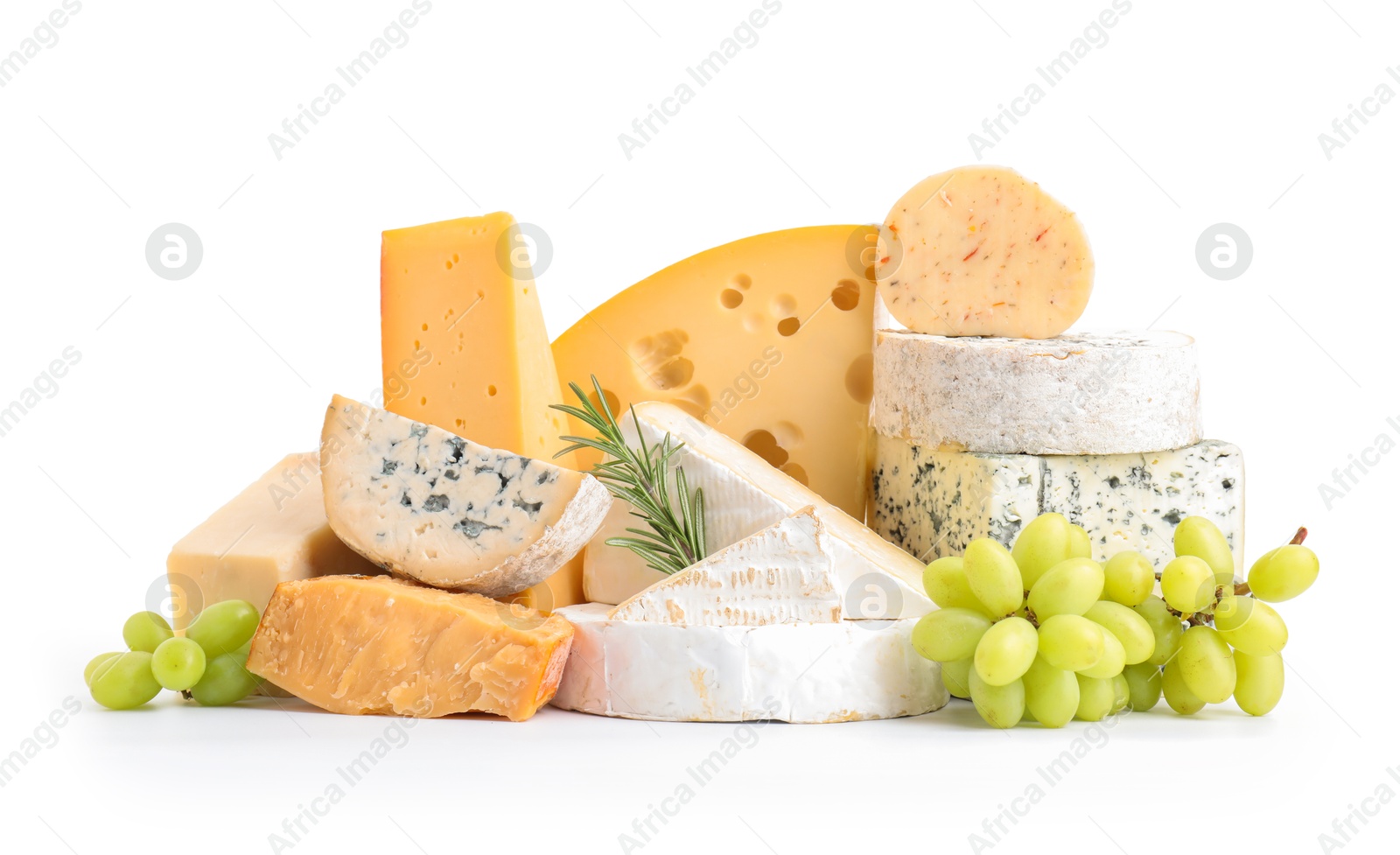 Photo of Different types of cheese, grapes and rosemary isolated on white