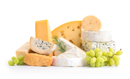 Photo of Different types of cheese, grapes and rosemary isolated on white