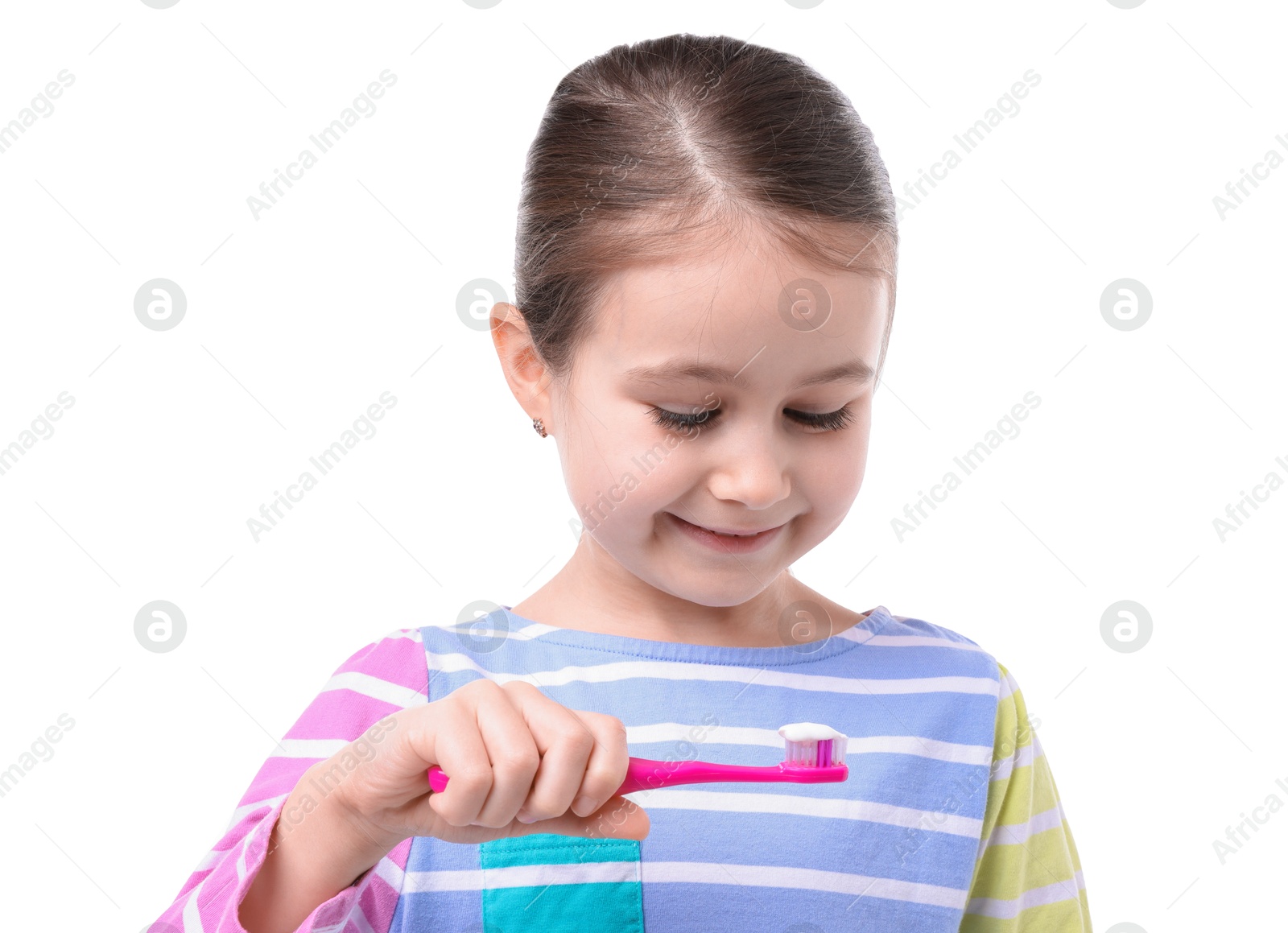 Photo of Cute girl with toothbrush on white background