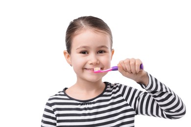 Photo of Cute girl brushing her teeth on white background