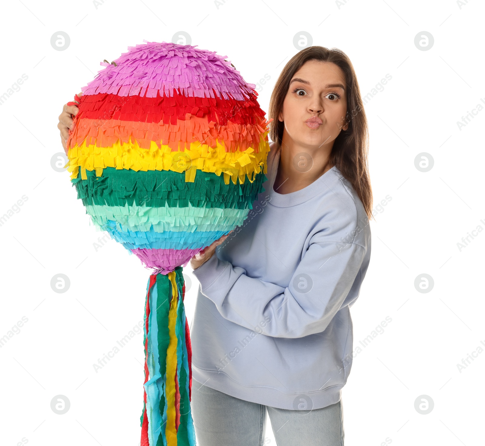 Photo of Happy woman with colorful pinata on white background