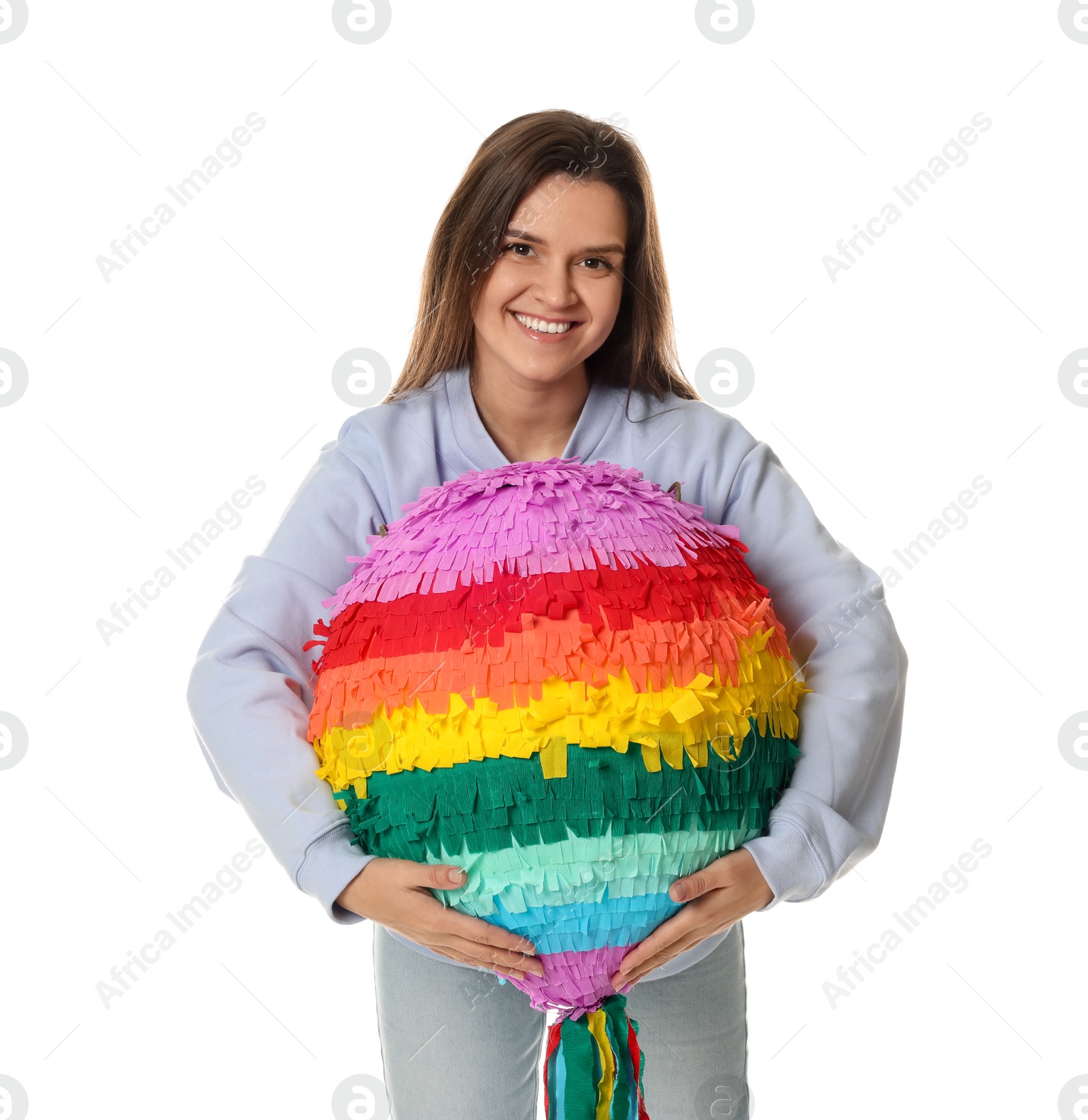 Photo of Happy woman with colorful pinata on white background