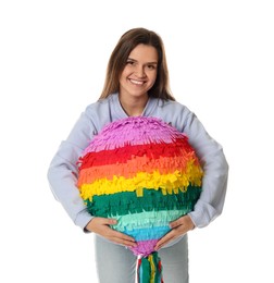 Photo of Happy woman with colorful pinata on white background