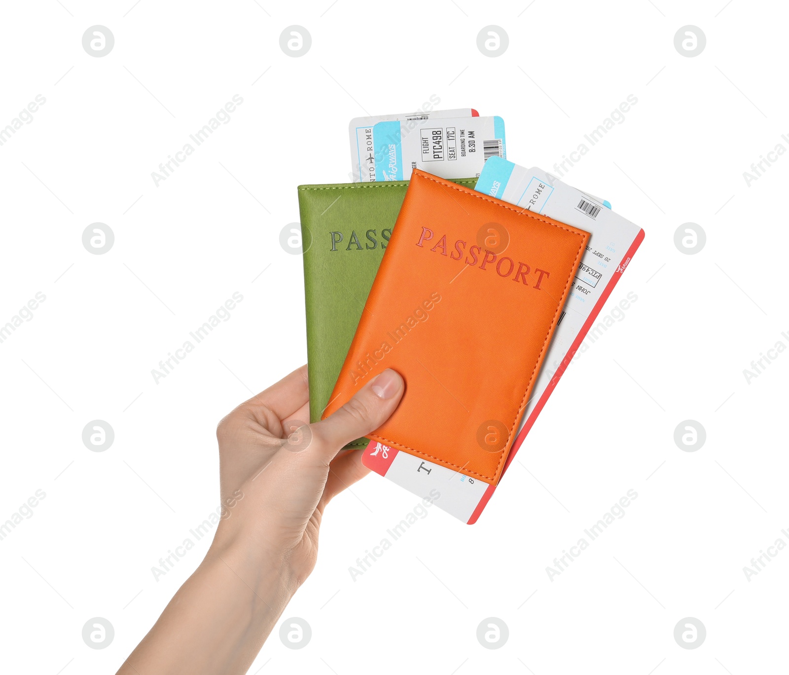 Photo of Woman holding passports with tickets on white background, closeup