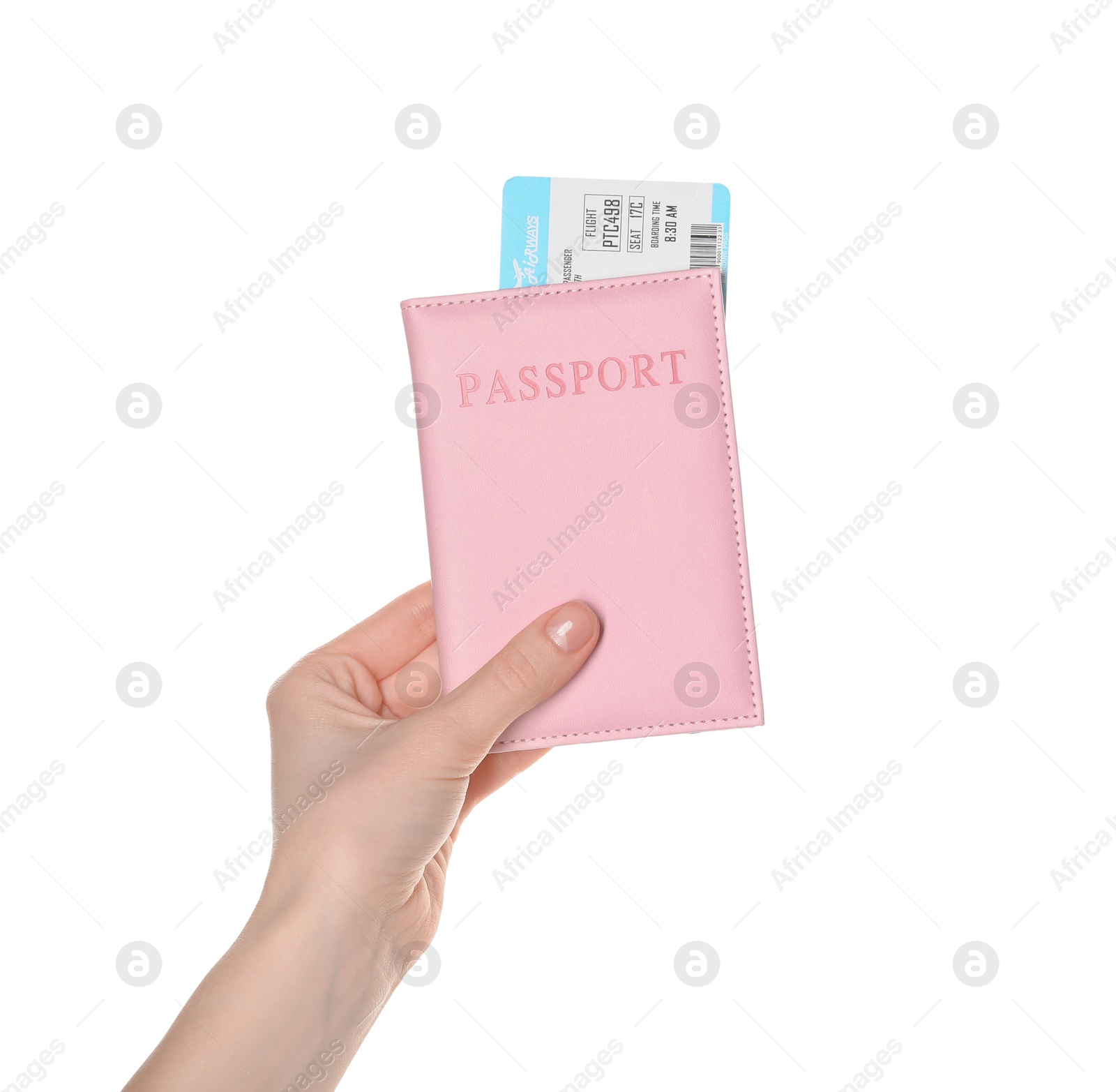 Photo of Woman holding passport with ticket on white background, closeup