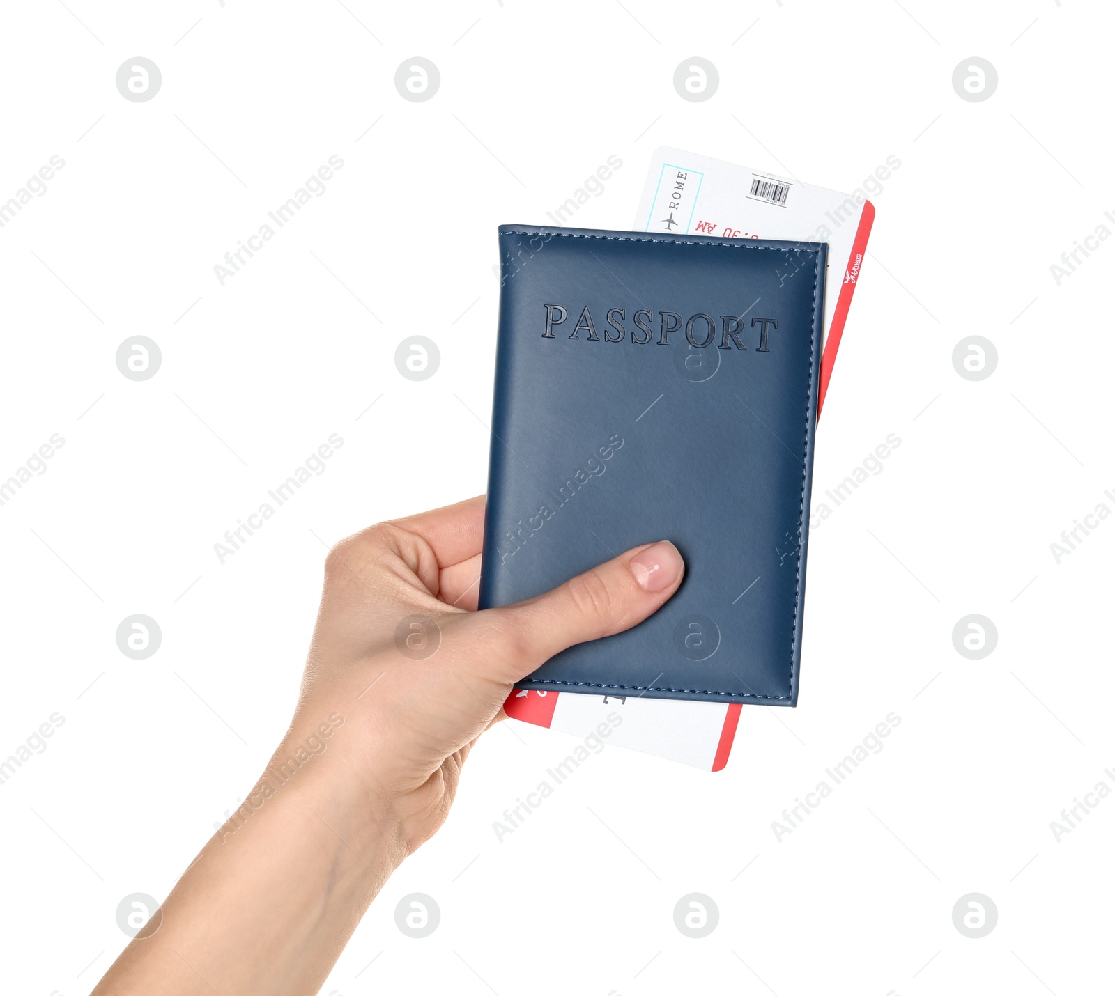 Photo of Woman holding passport with ticket on white background, closeup