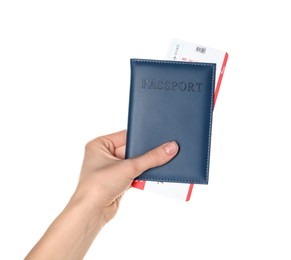 Photo of Woman holding passport with ticket on white background, closeup