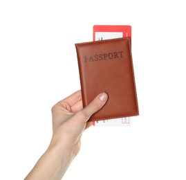 Photo of Woman holding passport with ticket on white background, closeup