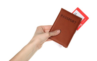 Photo of Woman holding passport with ticket on white background, closeup